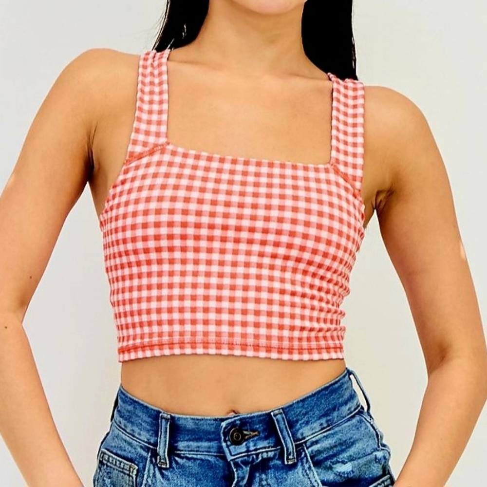 OFFLINE BY AERIE 🍅 GINGHAM SQUARE NECK SPORTS BRA SIZE S